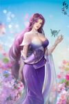  1girl absurdres blue_sky bug butterfly cauldron circle earrings floating floating_object flower hagoromo hair_ornament head_tilt highres jewelry jimo_qingfeng long_hair parted_lips purple_eyes purple_hair shawl sky solo upper_body wanmei_shijie yun_xi_(wanmei_shijie) 