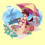  2girls absurdres bangs bare_shoulders beach bikini blue_sky bow bracelet breasts closed_eyes cloud crab dragalia_lost dragon_girl dragon_tail eyewear_on_head fairy fairy_wings fang fat fish flower food food_request fruit hair_between_eyes hair_bow hair_flower hair_ornament heart heart_in_mouth highres jewelry kneeling kuonn large_breasts long_hair looking_at_viewer multiple_girls mym_(dragalia_lost) navel notte_(dragalia_lost) official_style open_mouth pink_hair ponytail red_eyes red_hair sand skin_fang sky starfish sunglasses swimsuit tail tree umbrella watermelon watermelon_slice wings 