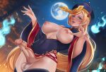  1girl :d blonde_hair blue_eyes breasts bulge cleavage covered_navel cowboy_shot dutch_angle english_commentary erection erection_under_clothes exlic fingernails full_moon futanari guilty_gear halloween jiangshi large_breasts long_hair looking_at_viewer millia_rage moon night ofuda outdoors penis sky smile solo star_(sky) starry_sky testicles thighhighs very_long_hair wide_sleeves will-o&#039;-the-wisp_(mythology) 