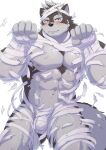  abs absurd_res anthro bulge canid canine canis clothing embarrassed genital_outline halloween hi_res holidays horkeu_kamui_(tas) lifewonders male mammal mummy_costume mummy_wrappings muscular muscular_anthro muscular_male pecs penis_outline solo tokyo_afterschool_summoners torn_clothing video_games wolf zyuzinka 