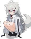  1girl ahoge animal_ears bandaid bandaid_on_face bandaid_on_knee bandaid_on_leg bangs black_footwear blush collar crossed_bangs fenrir_(fenriluuu) grey_jacket hair_between_eyes hair_ornament hairclip jacket long_hair long_sleeves looking_at_viewer original red_collar red_eyes rir-chan shadow shiny shiny_hair simple_background sketch sleeves_past_wrists solo squatting tail very_long_hair white_background wolf_ears wolf_girl wolf_tail zipper 