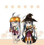  2girls ahoge aqua_bow aqua_bowtie asashimo_(kancolle) black_cape black_headwear boots bow bowtie cape cross-laced_footwear dress full_body grey_eyes grey_hair grey_pantyhose hair_between_eyes hair_bun hair_over_one_eye hair_through_headwear halloween_costume happi hat jack-o&#039;-lantern japanese_clothes kantai_collection kiyoshimo_(kancolle) lace-up_boots low_twintails multiple_girls official_alternate_costume pantyhose pleated_dress ponytail pumpkin purple_dress seamed_legwear shirt shorts single_hair_bun standing torikai_a twintails water_gun white_shirt white_shorts witch_hat 