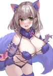  1girl absurdres animal_ears bangs blush breasts claw_pose cleavage cosplay elbow_gloves fate/grand_order fate_(series) fur-trimmed_gloves fur-trimmed_legwear fur_collar fur_trim gloves green_eyes grey_hair hands_up highres hololive large_breasts mash_kyrielight mash_kyrielight_(dangerous_beast) mash_kyrielight_(dangerous_beast)_(cosplay) navel o-ring o-ring_top open_mouth purple_gloves purple_tail purple_thighhighs revealing_clothes rum_raisin_(chihiromakita19) shirogane_noel short_hair simple_background solo tail thighhighs virtual_youtuber wavy_hair white_background wolf_ears wolf_tail 