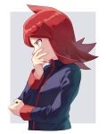  1boy black_jacket border commentary_request covering_mouth cowlick fingernails from_side grey_background hand_up highres jacket long_hair long_sleeves male_focus pokemon pokemon_(game) pokemon_hgss purple_eyes red_hair silver_(pokemon) smrs_ss solo upper_body white_border 