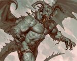  2022 anthro biceps bottomwear clothing digital_media_(artwork) dragon fire greyscale horn male monochrome muscular muscular_anthro muscular_male nude open_mouth pecs scalie sharp_teeth shirtless simple_background solo taran_fiddler teeth torn_clothing were weredragon wings 