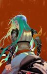 1girl aqua_hair arknights armband arms_at_sides black_sleeves blurry closed_mouth cowboy_shot dated depth_of_field floating_hair from_behind green_hair ground_vehicle highres horns hoshiguma_(arknights) layered_clothes light_particles liujingnian long_hair long_sleeves looking_at_viewer looking_back motor_vehicle oni_horns pants patterned photo-referenced print_sleeves profile red_background scar scar_on_cheek scar_on_face sideways_glance simple_background single_horn sitting sleeveless sleeves_past_wrists solo very_long_hair white_pants wind yellow_eyes 