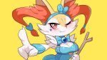  16:9 2022 3_fingers anthro blue_clothing braixen breasts claws cleavage clothed clothing drunk_oak female finger_claws fingers fur generation_6_pokemon hi_res holding_object looking_at_viewer multicolored_body multicolored_fur nintendo one_eye_closed pokemon pokemon_(species) solo teeth video_games white_body white_breasts white_claws white_fur widescreen yellow_body yellow_ears yellow_fur 