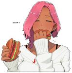  1girl blush breasts burger cleavage dark_skin eating english_text food holding holding_food ketchup long_sleeves ohasi original pink_(ohasi) pink_hair short_hair simple_background solo sweat sweater white_background 