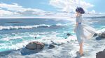  1girl bangs barefoot beach blue_eyes blue_hair blue_sky blunt_ends breasts building cevio cloud cloudy_sky da_tengzi day dress floating_hair from_side hair_tucking hairband highres horizon looking_afar medium_breasts ocean rock scenery short_hair short_sleeves sidelocks sky skyline smile solo sundress suzuki_tsudumi waves white_dress white_hairband wind wind_lift 