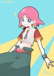  1girl beauty_(bobobo-bo_bo-bobo) belt blue_eyes bobobo-bo_bo-bobo closed_mouth crop_top dated denim earrings heart jeans jewelry looking_at_viewer midriff navel pants r_rokuya short_hair smile solo 