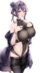  1921494015 1girl absurdres bare_shoulders black_choker black_hairband black_jacket black_leotard black_skirt black_thighhighs breasts choker collarbone copyright_request covered_navel hair_bun hairband hands_up highres jacket jewelry large_breasts leotard looking_at_viewer microskirt off_shoulder open_clothes open_jacket open_mouth pleated_skirt purple_eyes purple_hair ring saliva simple_background skirt solo standing thighhighs tongue tongue_out white_background 