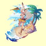  1girl absurdres animal_ears bare_shoulders barefoot beach bird blue_eyes blue_sky bracelet cloud crab dragalia_lost full_body highres jewelry kite kite_flying kuonn long_hair ocean official_style palm_tree rabbit_ears running sand sand_castle sand_sculpture sarisse_(dragalia_lost) sky swimsuit tree water white_hair 