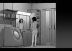  1girl bathroom breasts brushing_teeth different_reflection eyewear_removed faucet greyscale hand_in_pocket highres large_breasts letterboxed long_hair mirror monochrome notice_lines original reflection sashizume_soutarou sink solo toothbrush washing_machine 