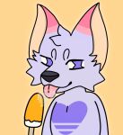  anthro bodily_fluids canid canine drooling female fluffyfoxanimates food fox fur lav_(fluffyfoxanimates) mammal orange_background pink_body pink_fur popsicle purple_body purple_eyes purple_fur saliva simple_background solo tongue tongue_out 