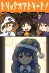  4girls animal_ears animal_hands bell black_headwear blue_hair blue_headwear blush brown_hair clock closed_eyes closed_mouth clothes_writing ghost_costume gloves grey_hair hair_between_eyes halloween halloween_costume hat highres himekaidou_hatate iizunamaru_megumu inubashiri_momiji jingle_bell long_hair multiple_girls nightcap open_mouth pajamas paw_gloves pom_pom_(clothes) red_eyes shameimaru_aya shirosato short_hair smile speech_bubble star_(symbol) star_print tail touhou trick_or_treat twintails wall_clock witch_hat 