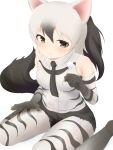  1girl =3 aardwolf_(kemono_friends) aardwolf_ears aardwolf_girl aardwolf_print aardwolf_tail absurdres animal_ears animal_print bare_shoulders beckoning black_hair black_necktie black_shorts closed_mouth collared_shirt elbow_gloves extra_ears gloves grey_eyes grey_hair hair_between_eyes hand_up highres holding kemono_friends lap_pillow_invitation light_blush long_hair looking_at_viewer mimikaki multicolored_hair necktie pantyhose pantyhose_under_shorts patting patting_lap ponytail print_gloves print_legwear print_shirt shirt short_shorts shorts simple_background sitting solo tail two-tone_hair wariza wavy_mouth white_background wing_collar ykt_scl 