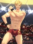  1boy abs absurdres bara blonde_hair boxing highres kurohitsuji_lim muscular muscular_male nipples red_eyes 