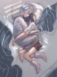  2boys asymmetrical_bangs bangs barefoot bed bishounen blue_eyes blue_hair chongyun_(genshin_impact) closed_eyes couple cuddling english_commentary from_above genshin_impact hair_between_eyes hand_on_another&#039;s_head highres holding hood hoodie hug lying male_focus multiple_boys on_bed otoko_no_ko pillow red_shorts shirt short_hair short_sleeves shorts signature sleeping socks teaslugg white_shirt xingqiu_(genshin_impact) yaoi 