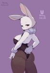  anthro blush bunny_costume clothed clothing costume english_text female fur glistening glistening_body hi_res honeycalamari humanoid lagomorph leotard leporid mammal purple_eyes rabbit simple_background slim solo tagme text watermark white_body white_fur wristband 