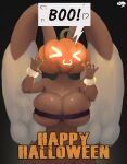  &gt;w&lt; absurd_res anthro barely_visible_nipples big_breasts breast_squish breasts brown_body brown_fur clothing english_text female food fruit fur generation_4_pokemon halloween hi_res holidays jack-o&#039;-lantern kyuq lopunny mostly_nude nintendo nipples plant pokemon pokemon_(species) pumpkin pumpkin_head solo squish text video_games 
