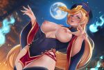  1girl :d blonde_hair blue_eyes blush breasts breasts_out covered_navel cowboy_shot dutch_angle english_commentary exlic fingernails full_moon guilty_gear halloween jiangshi large_breasts long_hair looking_at_viewer millia_rage moon night nipples ofuda outdoors sky smile solo star_(sky) starry_sky thighhighs very_long_hair wide_sleeves will-o&#039;-the-wisp_(mythology) 