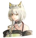  1girl animal_ear_fluff animal_ears arknights bare_shoulders cat_ears cat_girl cheschorv collarbone criss-cross_halter doctor_(arknights) dress green_dress green_eyes green_hair hair_intakes halterneck highres looking_at_viewer off-shoulder_dress off_shoulder oripathy_lesion_(arknights) portrait short_hair simple_background solo stethoscope white_background 