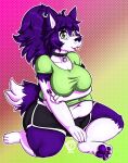  2022 anthro belly belly_overhang big_breasts bottomwear breasts canid canine canis citrusfumes clothed clothing collar digital_media_(artwork) ear_piercing ear_ring female fur green_eyes hair hi_res kris_(krisispiss) looking_at_viewer mammal navel overweight overweight_anthro overweight_female pawpads paws piercing purple_body purple_fur purple_hair ring_piercing shirt shorts simple_background smile solo sweat_shorts t-shirt text thick_thighs tongue tongue_out topwear watermark white_body white_fur wide_hips wolf 