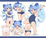  1girl ahoge bare_arms bare_legs bare_shoulders barefoot black_one-piece_swimsuit blue_bow blue_dress blue_eyes blue_hair blush bow buttons cirno closed_mouth collared_shirt detached_wings dress fairy hair_bow highres ice ice_wings innertube multiple_views one-piece_swimsuit open_mouth panties panty_pull puffy_short_sleeves puffy_sleeves shirt short_hair short_sleeves smile socks swimsuit touhou turnip_kabura underwear white_panties white_shirt white_socks wings 