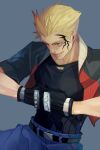  1boy belt black_gloves blonde_hair blue_eyes clenched_hands cropped_jacket facial_tattoo final_fantasy final_fantasy_viii gloves highres jacket nini_tw99 open_mouth short_sleeves simple_background smirk solo spiked_hair tattoo upper_body zell_dincht 