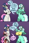  absurd_res anthro anthrofied blood bodily_fluids bonbon_(mlp) bonesaw breasts clothing coat comic dialogue english_text equid equine eyewear female friendship_is_magic genitals goggles gore hasbro hi_res horn lab_coat lyra_heartstrings_(mlp) mammal my_little_pony patchwork_creature pussy scar seam_(sewing) text topwear two_panel_image unicorn witchtaunter 
