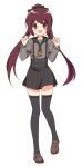  1girl :d amane_tsukasa bangs black_necktie black_ribbon black_sailor_collar black_skirt black_thighhighs blush brown_eyes brown_footwear brown_hair buttons clenched_hands dot_nose full_body grey_shirt hair_ribbon hands_up koushou_academy_school_uniform layered_sleeves leg_lift loafers long_sleeves looking_at_viewer magia_record:_mahou_shoujo_madoka_magica_gaiden mahou_shoujo_madoka_magica miniskirt necktie open_mouth pleated_skirt ribbon ruru_(rurumagi) sailor_collar school_uniform serafuku shirt shoes short_necktie short_over_long_sleeves short_sleeves sidelocks simple_background skirt smile solo split_ponytail suspender_skirt suspenders swept_bangs thighhighs transparent_background 