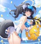  1girl absurdres animal_ears ass bangs bare_arms bare_shoulders black_hair blue_archive blue_sky blurry blurry_background blush breasts cheerleader cloud commentary_request confetti cowboy_shot day dog_ears dog_girl dog_tail embarrassed eyewear_on_head floating_hair from_side halo hibiki_(blue_archive) hibiki_(cheerleader)_(blue_archive) highres holding holding_pom_poms large_breasts long_hair looking_at_viewer miniskirt morung official_alternate_costume outdoors panties parted_lips pleated_skirt pom_pom_(cheerleading) ponytail purple_eyes raised_eyebrows sidelocks skirt sky solo star_sticker sweat tail thighs underwear white_panties 