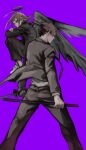  2boys angel_devil_(chainsaw_man) angel_wings bangs black_jacket black_necktie black_pants brown_hair chainsaw_man fetal_position formal grey_wings halo hayakawa_aki highres holding holding_sheath holding_sword holding_weapon jacket katana long_hair looking_back looking_to_the_side medium_hair multiple_boys nakano_(2_mannaka) necktie pants purple_background sheath shirt sidelocks simple_background sword topknot weapon white_footwear white_shirt wings 