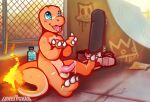  2022 3_fingers 3_toes anthro balls blue_eyes bodily_fluids chain-link_fence charmander countershading cupped_hands detailed_background dripping erection feet fence fingers generation_1_pokemon genital_fluids genitals hi_res lonelycharart male nintendo nude open_mouth open_smile orange_body outside penis pink_penis pokemon pokemon_(species) precum precum_drip public public_nudity sitting skate_park skateboard smile solo tapering_penis toes video_games water_bottle 