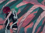  2others androgynous back-to-back bone cinnabar_(houseki_no_kuni) commentary cowboy_shot english_commentary facing_away floating_hair gem_uniform_(houseki_no_kuni) giant_skeleton green_hair green_nails hair_over_one_eye hand_over_eye hand_up houseki_no_kuni long_hair looking_at_another looking_away multiple_others one_eye_covered other_focus pemprika phosphophyllite puffy_short_sleeves puffy_sleeves red_hair red_nails short_hair short_sleeves sideways_glance smile smoke striped twitter_username 