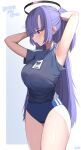  absurdres armpits arms_up blue_archive blush breasts buruma gym_uniform halo highres id_card kkato large_breasts long_hair looking_away mouth_hold purple_eyes purple_hair simple_background star_sticker sticker_on_face thighs yuuka_(blue_archive) yuuka_(gym_uniform)_(blue_archive) 