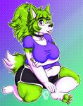  2022 alternate_color anthro belly belly_overhang big_breasts bottomwear breasts canid canine canis citrusfumes clothed clothing collar digital_media_(artwork) ear_piercing ear_ring female fur green_eyes hair hi_res kris_(krisispiss) looking_at_viewer mammal navel overweight overweight_anthro overweight_female pawpads paws piercing purple_body purple_fur purple_hair ring_piercing shirt shorts simple_background smile solo sweat_shorts t-shirt text thick_thighs tongue tongue_out topwear watermark white_body white_fur wide_hips wolf 