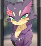  anthro black_clothing black_nose blue_clothing blush breasts cheek_tuft clothing drunk_oak facial_tuft female fur fur_tuft green_eyes hi_res iris multicolored_clothing multicolored_topwear pupils purple_body purple_clothing purple_fur purple_topwear slit_pupils solo topwear tuft yellow_breasts 