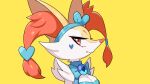  16:9 2022 anthro blue_clothing braixen breasts cleavage clothed clothing drunk_oak female fur generation_6_pokemon hi_res looking_at_viewer multicolored_body multicolored_fur nintendo pokemon pokemon_(species) solo teeth video_games white_body white_breasts white_fur widescreen yellow_body yellow_ears yellow_fur 