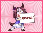  1girl agemasen!_(meme) animal_ears bow bowtie brown_footwear brown_hair can&#039;t_show_this censored character_censor full_body horse_ears horse_girl horse_tail horseshoe_ornament loafers meme mr._ebidou multicolored_hair novelty_censor parody pleated_skirt puffy_short_sleeves puffy_sleeves purple_bow purple_bowtie purple_eyes purple_serafuku purple_shirt sailor_collar sailor_shirt school_uniform serafuku shirt shoes short_hair short_sleeves sidelocks skirt solo special_week_(umamusume) tail thighhighs tracen_school_uniform translated twitter_username two-tone_hair umamusume white_hair white_skirt white_thighhighs 