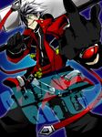  belt black_pants blazblue coat copyright_name gloves green_eyes male_focus middle_finger pants ragna_the_bloodedge shimo_nimoni silver_hair solo sword weapon 