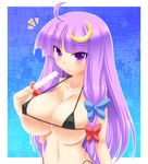  bikini breasts cleavage covered_nipples crescent crescent_hair_ornament food hair_ornament huge_breasts john_(nakoto) long_hair looking_at_viewer micro_bikini patchouli_knowledge popsicle purple_eyes purple_hair solo strap_gap string_bikini swimsuit touhou underboob 