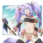 animal_ears axe bad_id bad_pixiv_id blue_eyes bodypaint breasts dog_ears dog_tail fang hatchet hira_taira long_hair medium_breasts navel open_mouth pixiv_frontier purple_hair solo tail thighhighs twintails underboob weapon western_hatchet 
