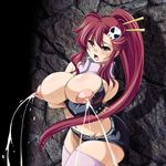  areolae belt bikini_top blush breast_hold breasts cleavage fingerless_gloves gloves hair_ornament highres huge_breasts huge_nipples kantori lactation large_areolae long_hair nipples ponytail puffy_nipples red_hair saliva scarf shorts solo tengen_toppa_gurren_lagann thighhighs yellow_eyes yoko_littner 