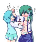  @_@ bad_id bad_pixiv_id blue_hair blush breasts detached_sleeves frog green_hair hair_ornament head_bump highres himegi kochiya_sanae long_hair medium_breasts multiple_girls nipples open_clothes open_shirt panties shirt short_hair snake tatara_kogasa touhou transparent_background underwear 