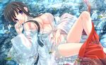  black_hair blush breasts cleavage finger_to_mouth japanese_clothes large_breasts leaf long_hair lying noritama_(gozen) on_back open_clothes original purple_eyes solo water wet 