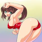  arched_back armpits ass bent_over blush breasts brown_hair clenched_hand dd_(ijigendd) green_eyes large_breasts leotard long_hair looking_back open_mouth original ponytail red_leotard sideboob solo 