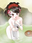  alcohol bottle brown_eyes brown_hair choko_(cup) comb covering cup flower hair_flower hair_ornament momohime nude nude_cover oboro_muramasa onsen open_mouth sake solo standing steam tokino tokkuri towel tray wading water 