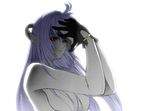  android blue_hair choco gloves highres kos-mos no_nipples red_eyes simple_background solo topless white_background xenosaga 