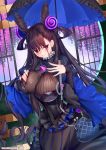  1girl bangs black_dress blush breasts brown_hair double_bun dress fate/grand_order fate_(series) frills hair_between_eyes hair_ornament highres large_breasts long_hair long_sleeves looking_at_viewer murasaki_shikibu_(fate) obiwan puffy_sleeves purple_eyes solo very_long_hair 